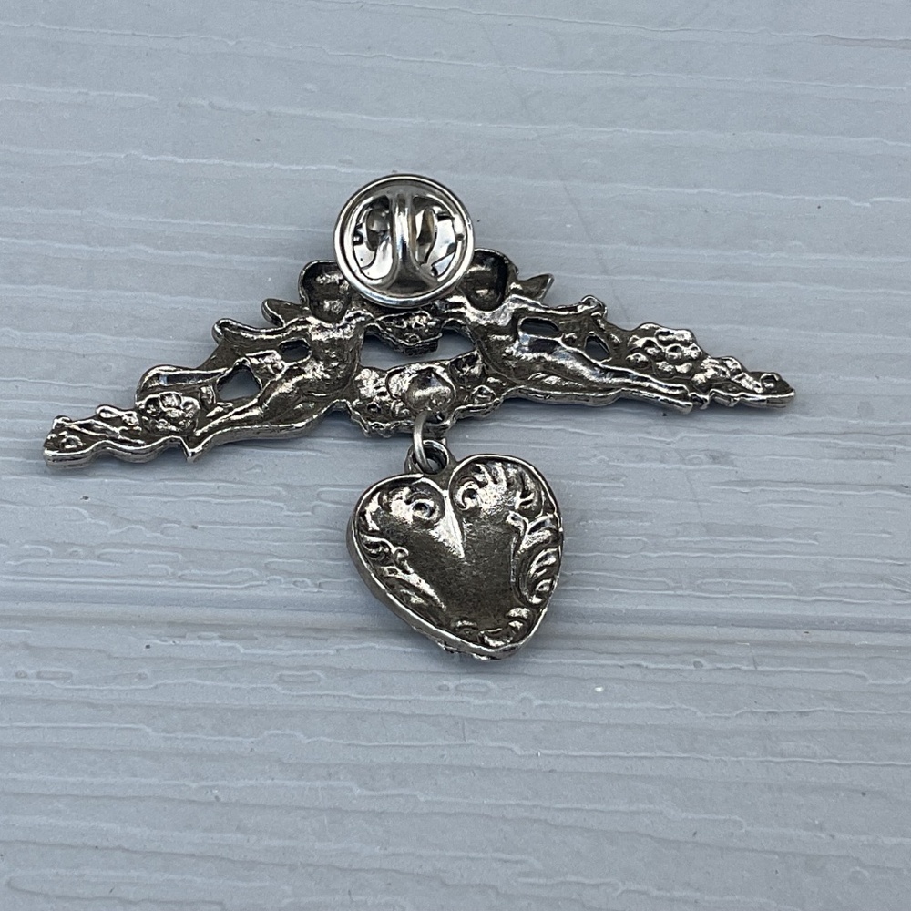 Vintage Cherub Pin Silvertone tac pin dangle heart 3” long - Picture 4 of 8